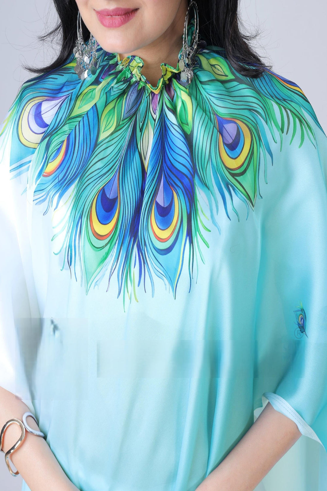 INNOVATIVE SATIN SILK PEACOCK PRINT FREEHAND SAREE