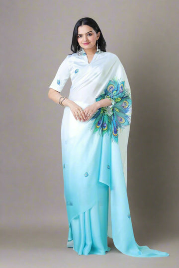 INNOVATIVE SATIN SILK PEACOCK PRINT FREEHAND SAREE