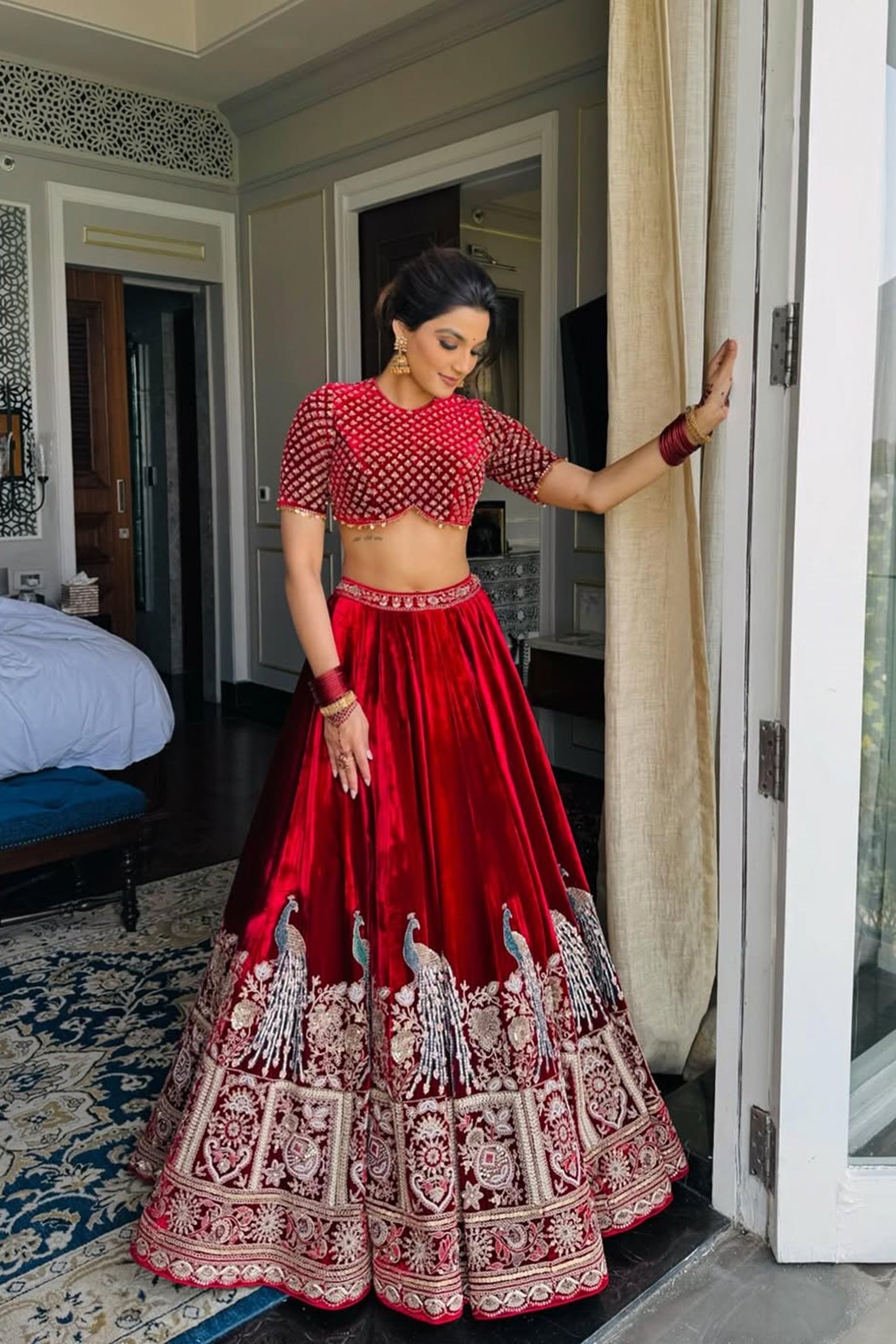 RED VELVET BOLLYWOOD BRIDAL LEHENGA CHOLI