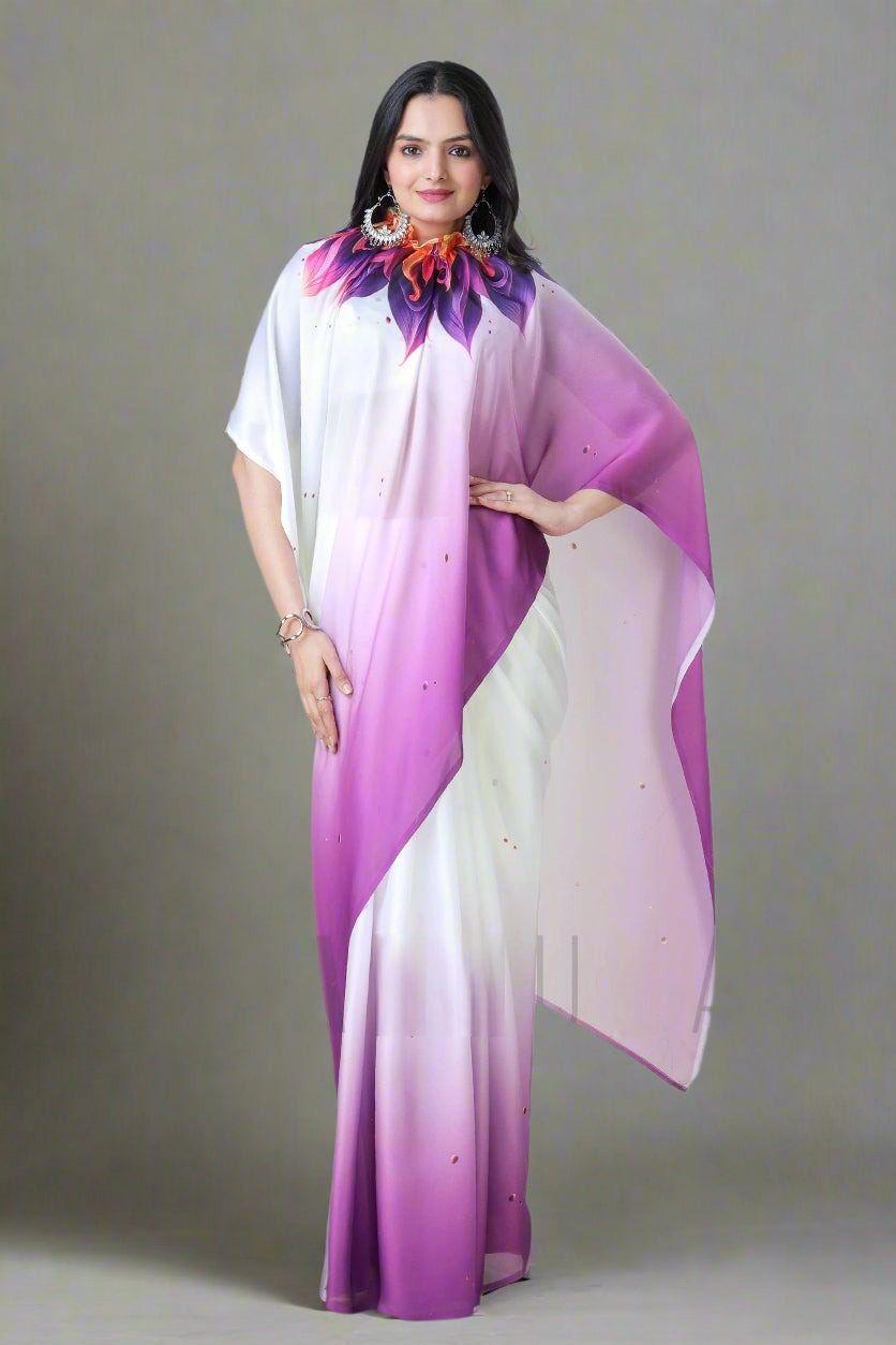 PURPLE SATIN SILK FLORAL OMBRE PRINT FREEHAND SAREE