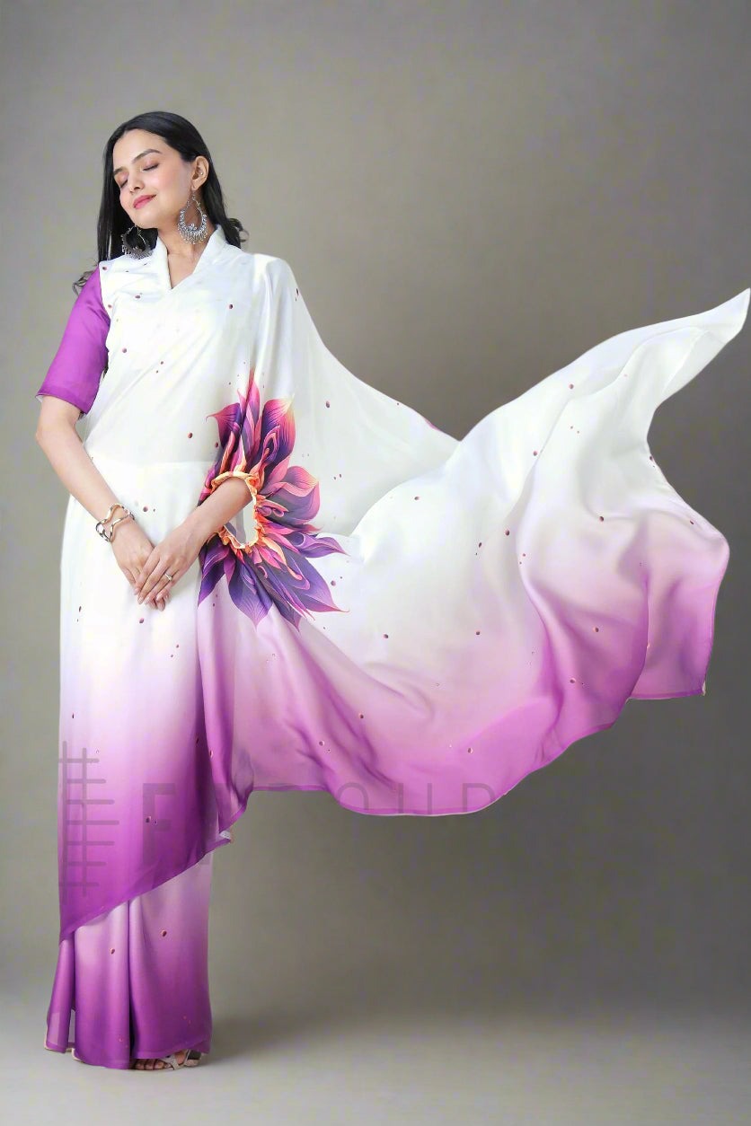 PURPLE SATIN SILK FLORAL OMBRE PRINT FREEHAND SAREE