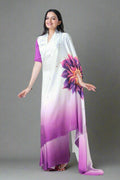PURPLE SATIN SILK FLORAL OMBRE PRINT FREEHAND SAREE