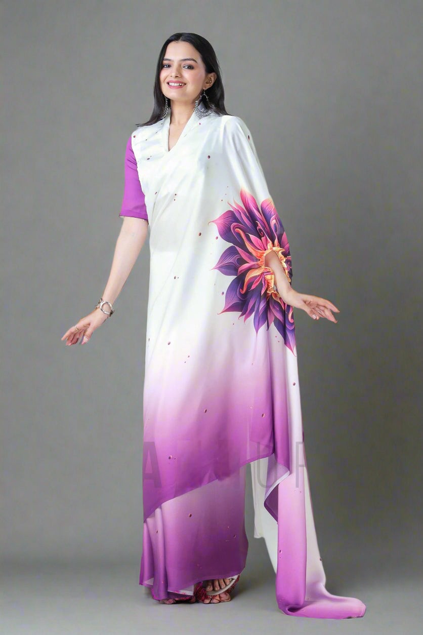 PURPLE SATIN SILK FLORAL OMBRE PRINT FREEHAND SAREE