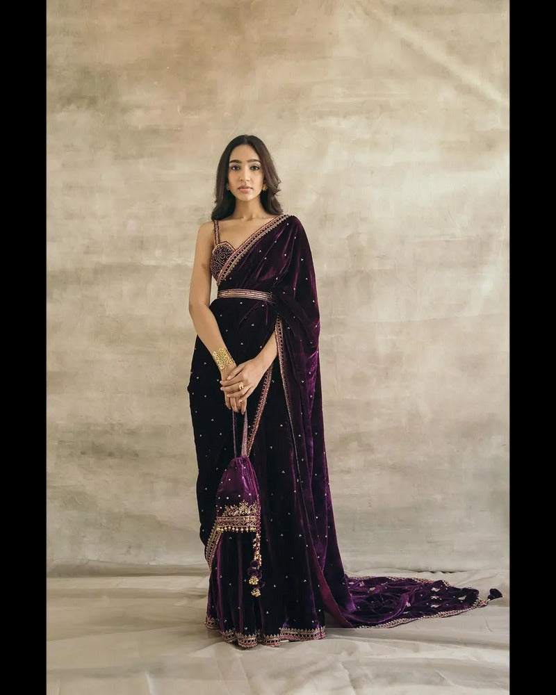 PLUM SILK VELVET EMBROIDERED SAREE WITH BLOUSE