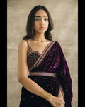 PLUM SILK VELVET EMBROIDERED SAREE WITH BLOUSE
