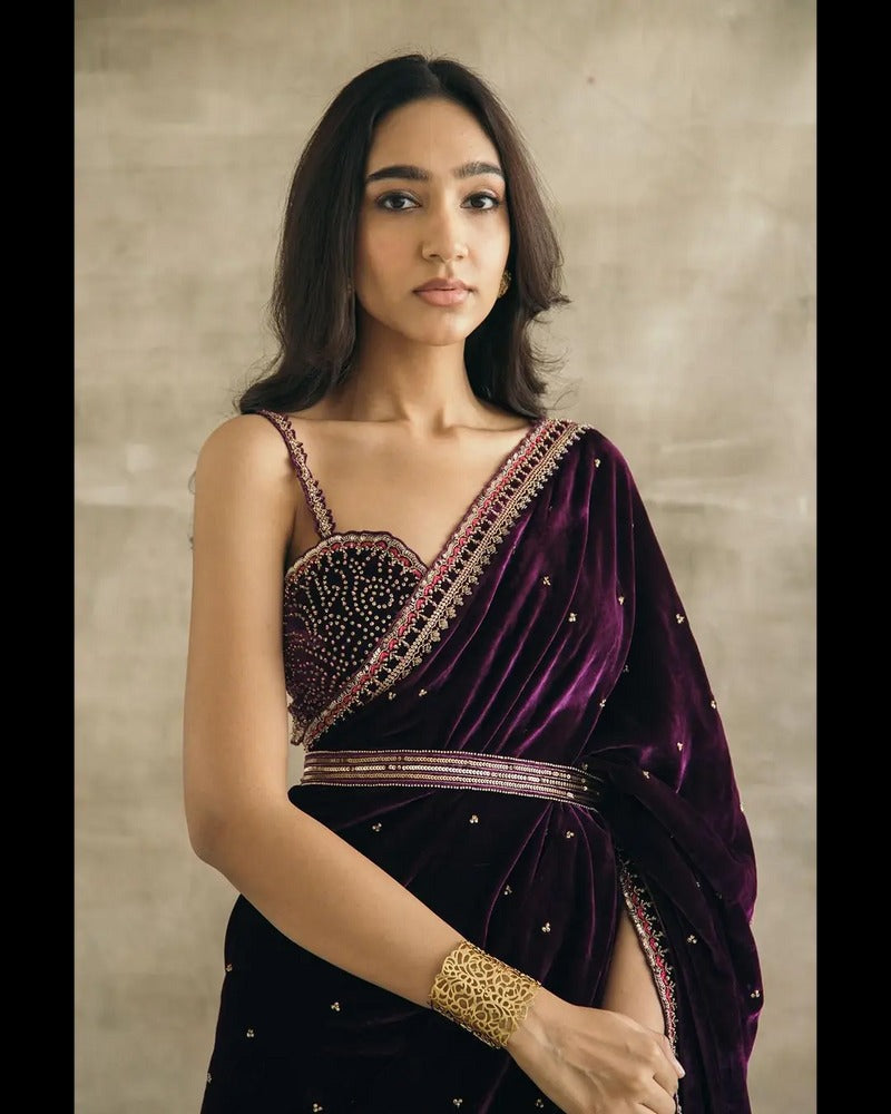 PLUM SILK VELVET EMBROIDERED SAREE WITH BLOUSE