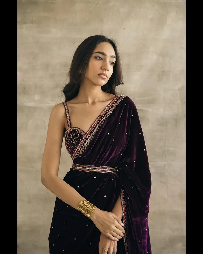 PLUM SILK VELVET EMBROIDERED SAREE WITH BLOUSE