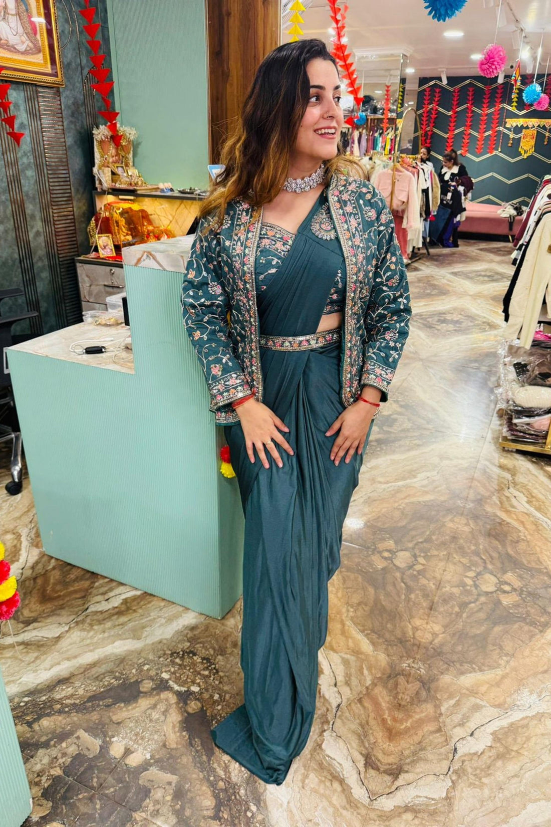 STEEL BLUE RANGOLI SILK READY-TO-WEAR SAREE WITH EMBROIDERED BLOUSE , KOTI