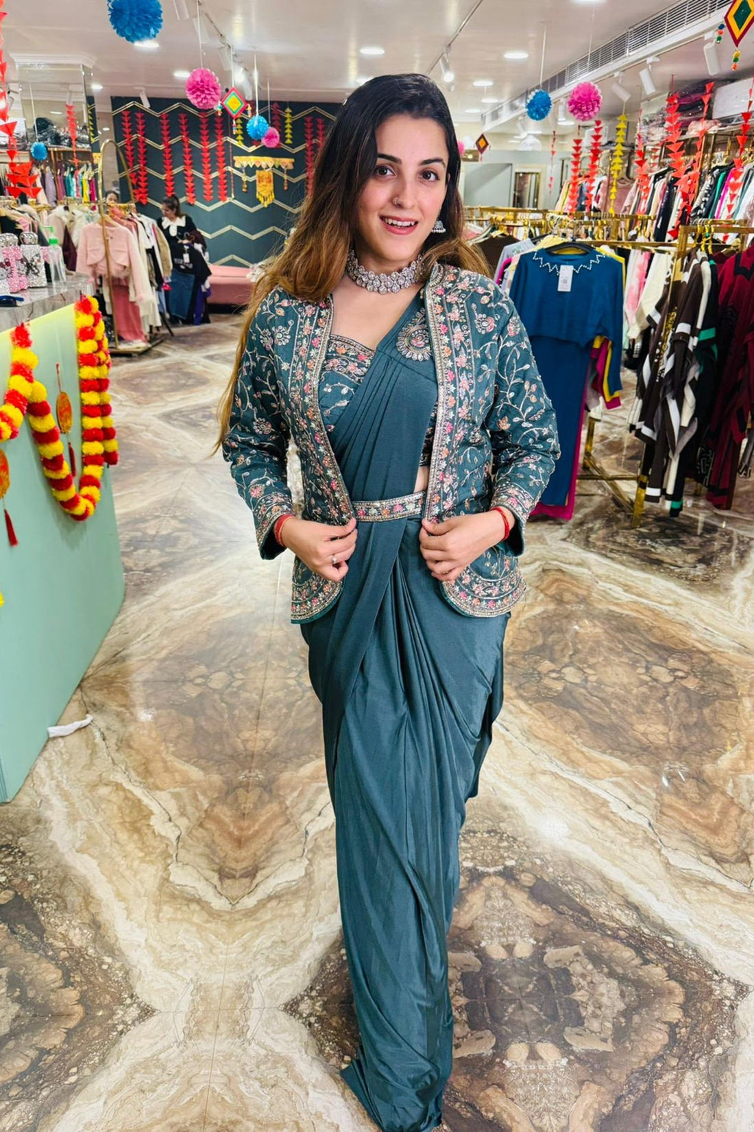 STEEL BLUE RANGOLI SILK READY-TO-WEAR SAREE WITH EMBROIDERED BLOUSE , KOTI