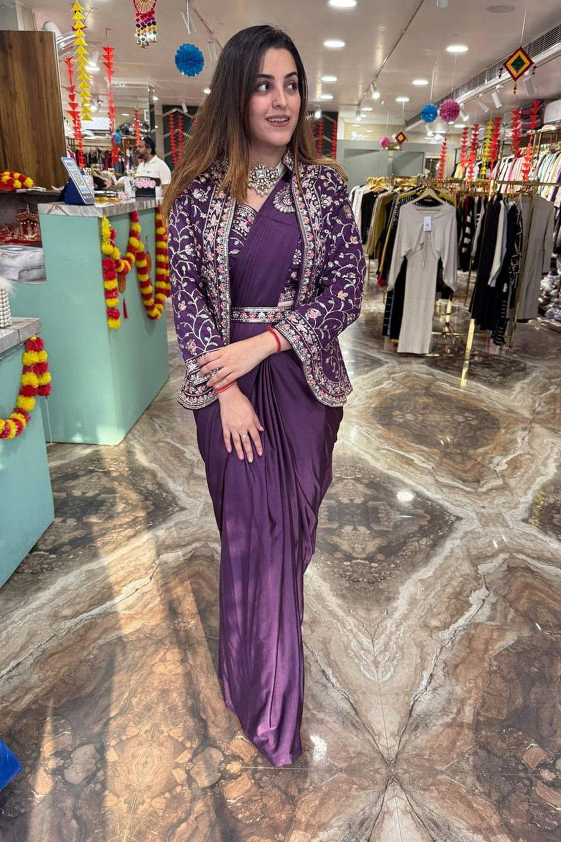 PURPLE  RANGOLI  SILK READY-TO-WEAR SAREE WITH EMBROIDERED BLOUSE,KOTI