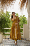 MUSTARD BANDHANI ANARKALI SUIT SET WITH PRINTED DUPATTA