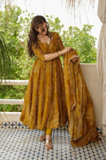 MUSTARD BANDHANI ANARKALI SUIT SET WITH PRINTED DUPATTA