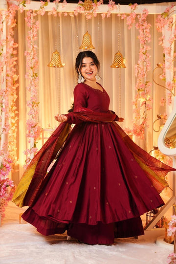 GRACEFUL MAROON ANARKALI STYLE PALAZZO SUIT SET