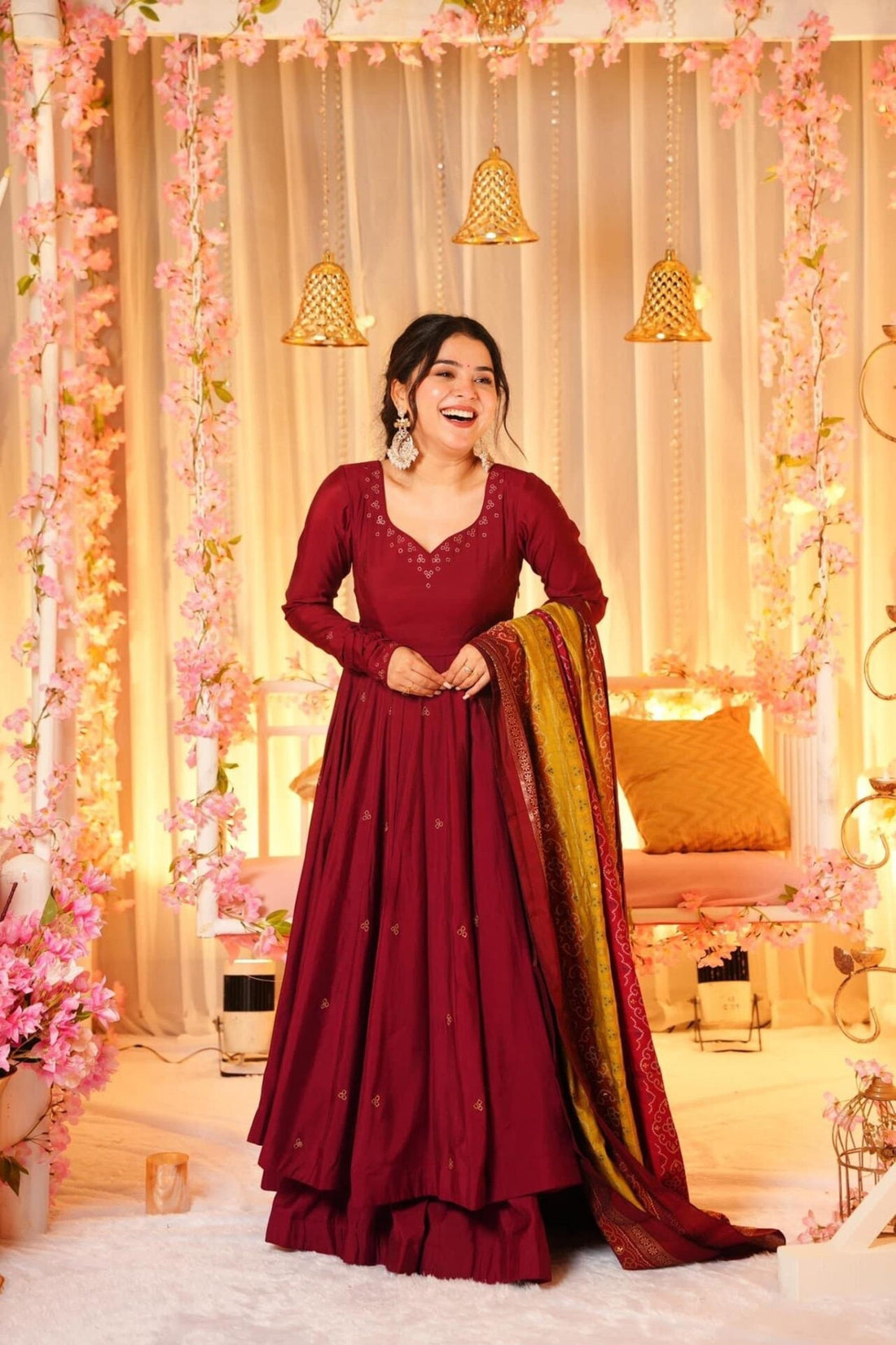 GRACEFUL MAROON ANARKALI STYLE PALAZZO SUIT SET