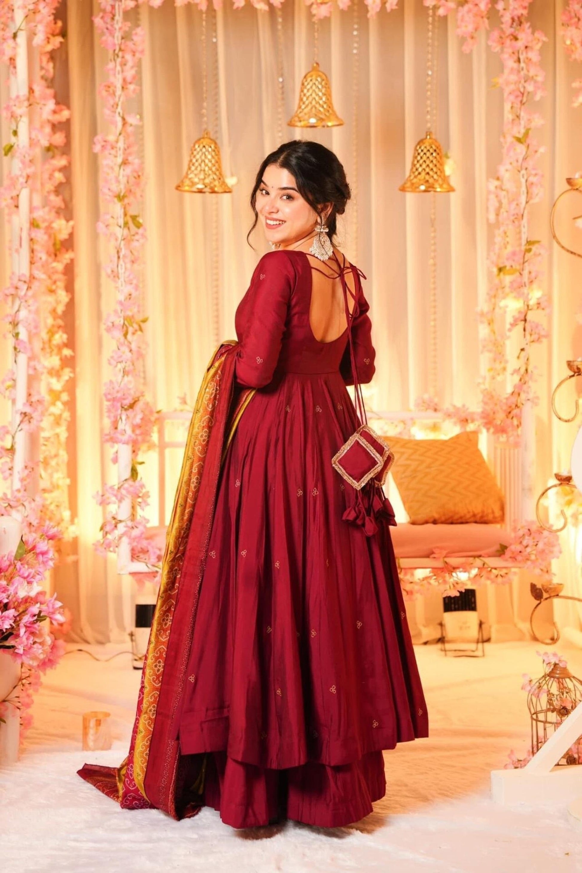 GRACEFUL MAROON ANARKALI STYLE PALAZZO SUIT SET
