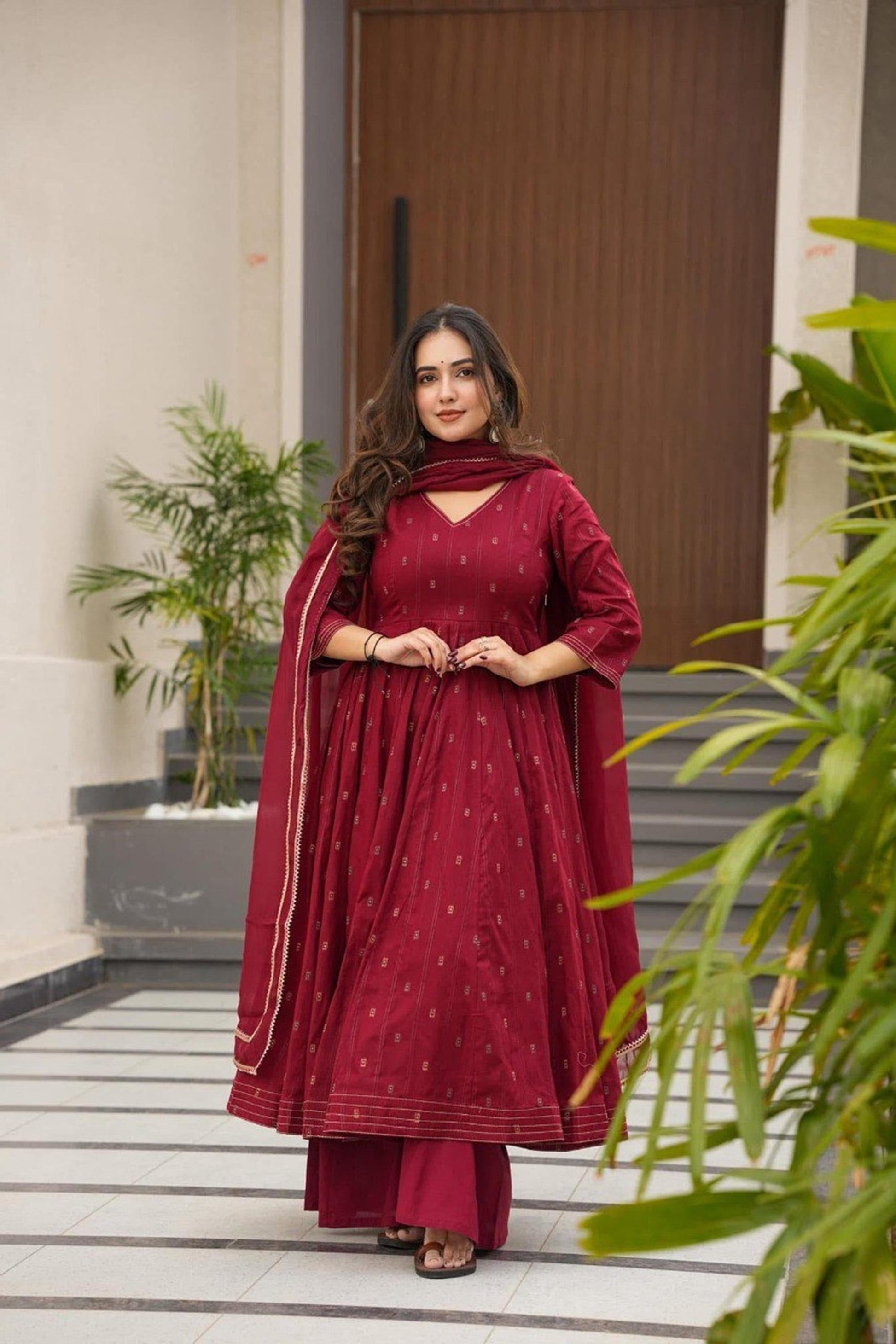 TIMELESS MAROON MASLIN SUIT WITH ENKAR DORI DETAILS