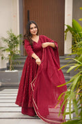 TIMELESS MAROON MASLIN SUIT WITH ENKAR DORI DETAILS