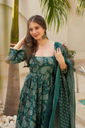 FOREST GREEN MASLIN DIGITAL PRINT ANARKALI SUIT