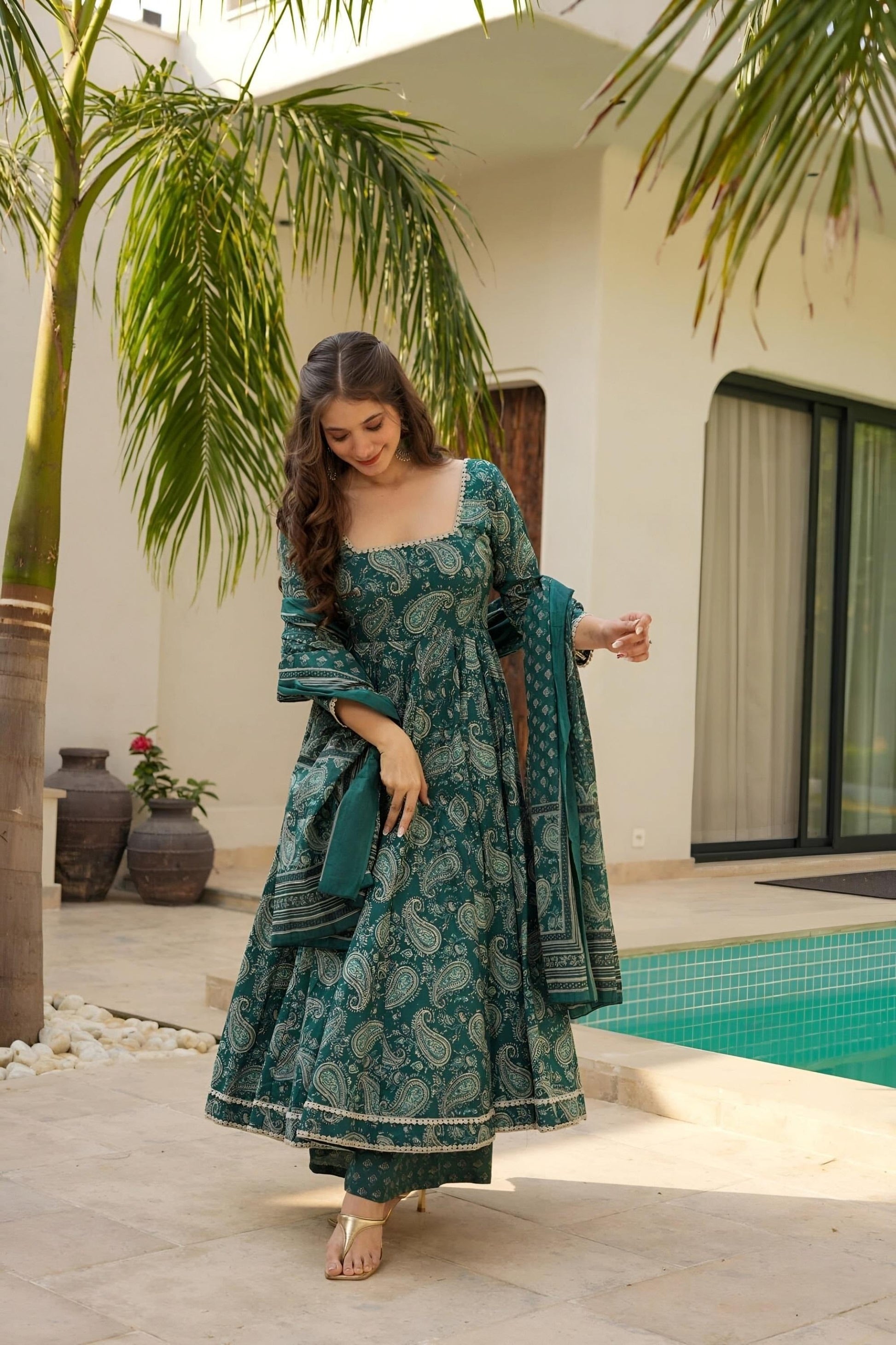 FOREST GREEN MASLIN DIGITAL PRINT ANARKALI SUIT