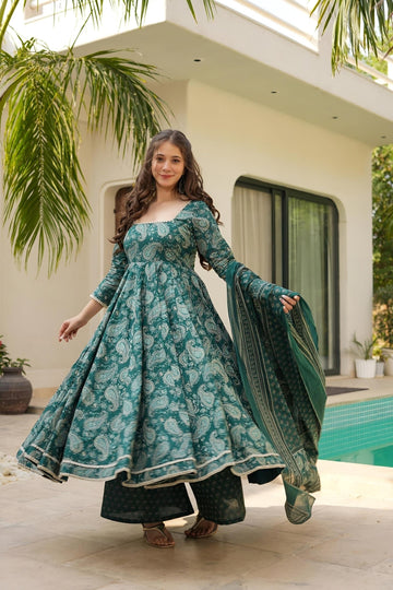 FOREST GREEN MASLIN DIGITAL PRINT ANARKALI SUIT