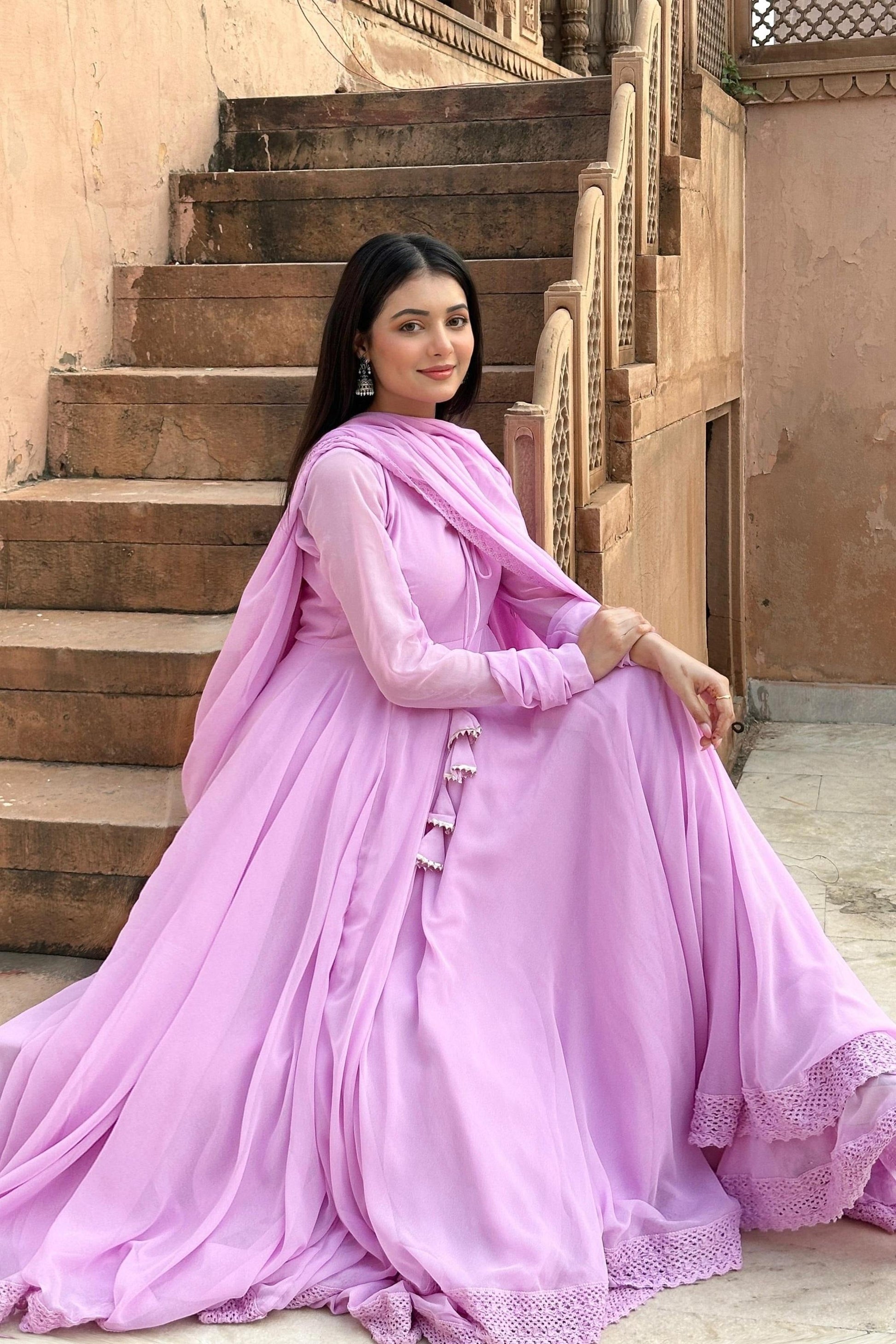 PINK FAUX BLOOMING DOUBLE-LAYER ANARKALI SUIT