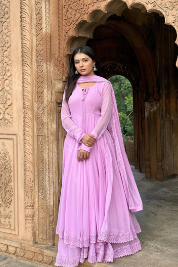 PINK FAUX BLOOMING DOUBLE-LAYER ANARKALI SUIT