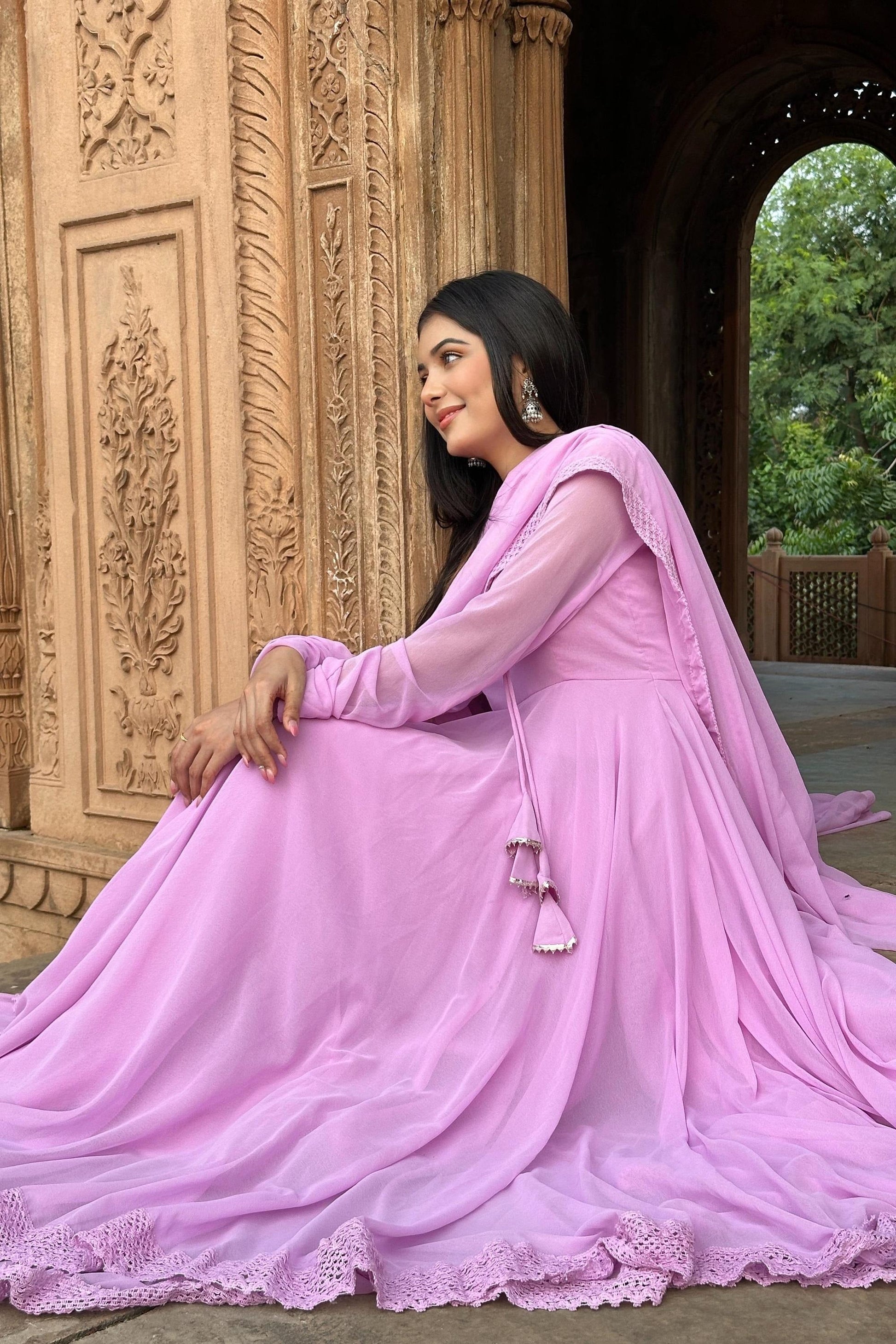 PINK FAUX BLOOMING DOUBLE-LAYER ANARKALI SUIT