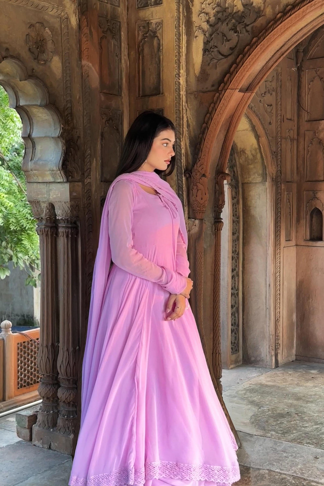 PINK FAUX BLOOMING DOUBLE-LAYER ANARKALI SUIT