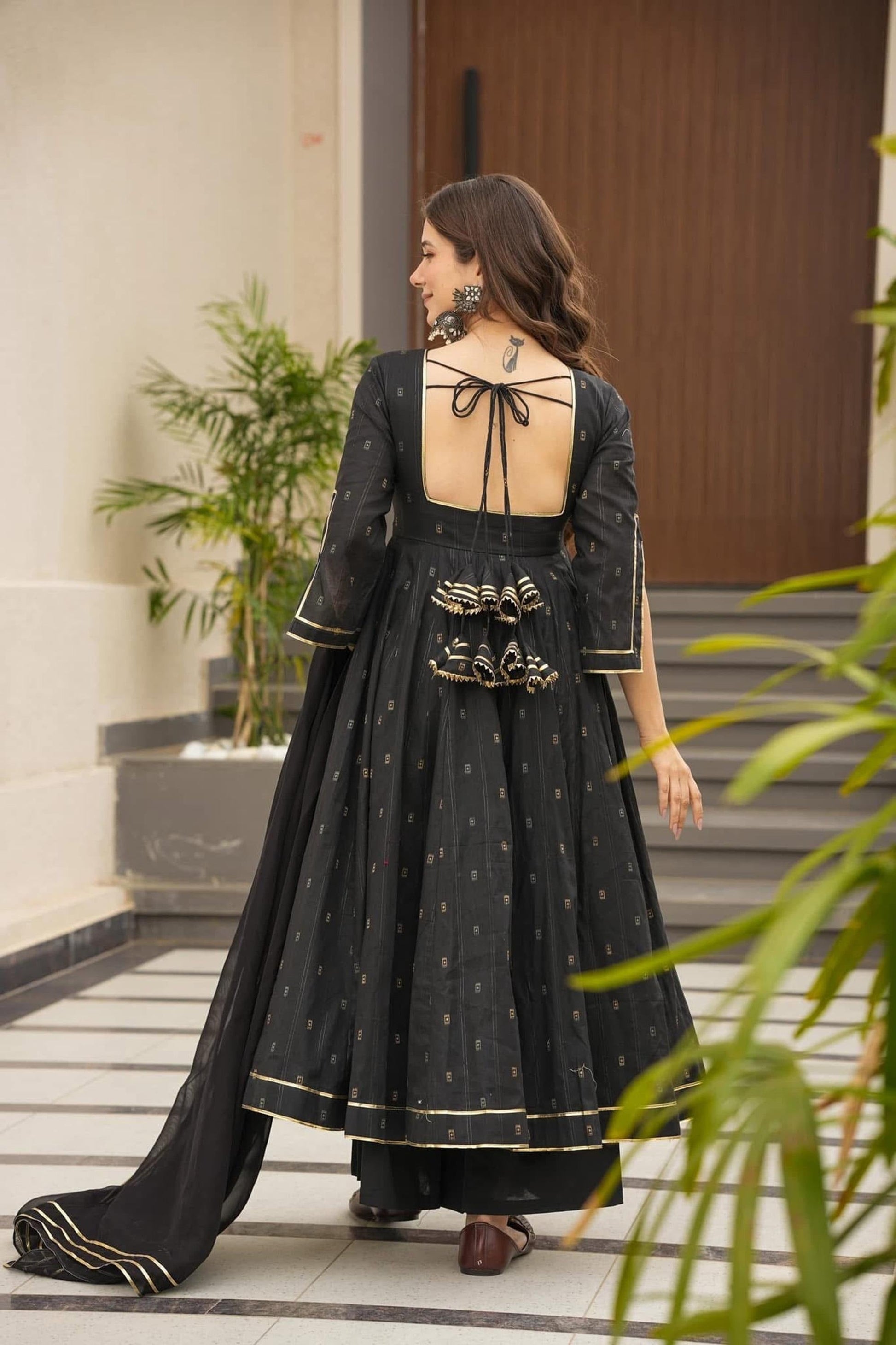 ELEGANT BLACK MUSLIN FABRIC ANARKALI PALAZZO SUIT SET