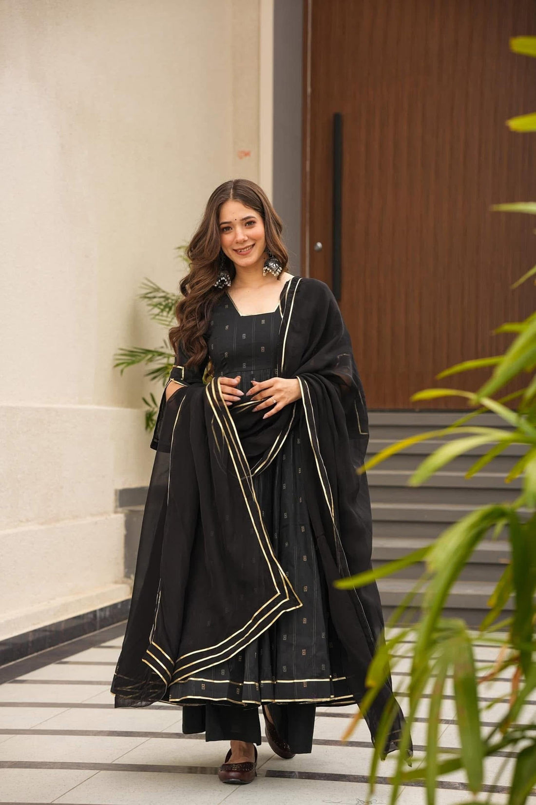 ELEGANT BLACK MUSLIN FABRIC ANARKALI PALAZZO SUIT SET
