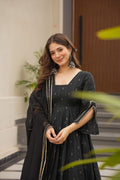 ELEGANT BLACK MUSLIN FABRIC ANARKALI PALAZZO SUIT SET