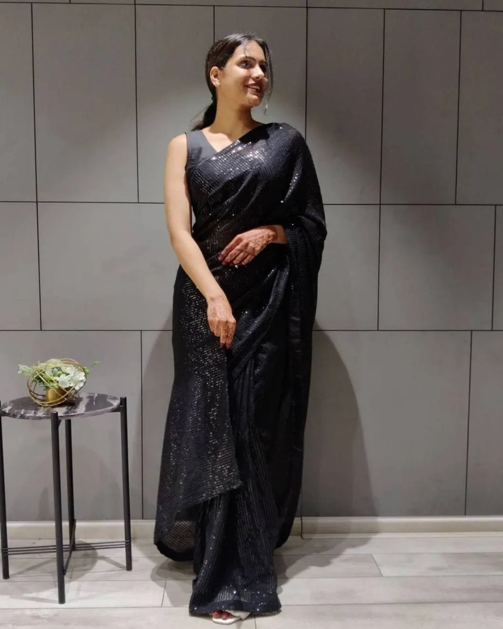 BLACK COLOR GEORGETTE BASE SEQUENCE WORK PARTY WEAR SAREE