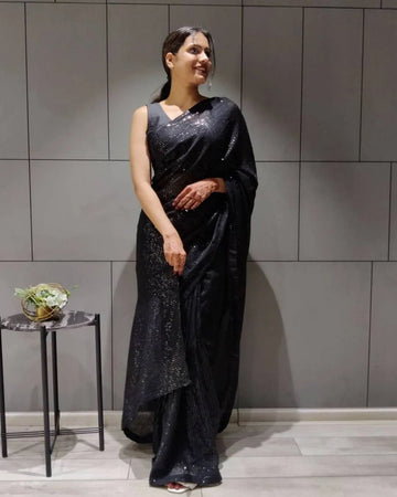 BLACK COLOR GEORGETTE BASE SEQUENCE WORK PARTY WEAR SAREE