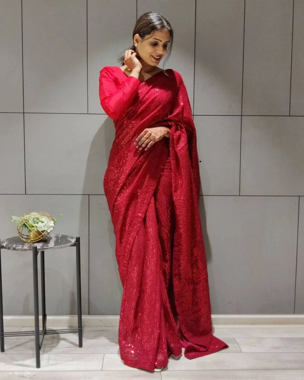 RED COLOR GEORGETTE BASE SEQUENCE WORK PARTY WEAR SAREE