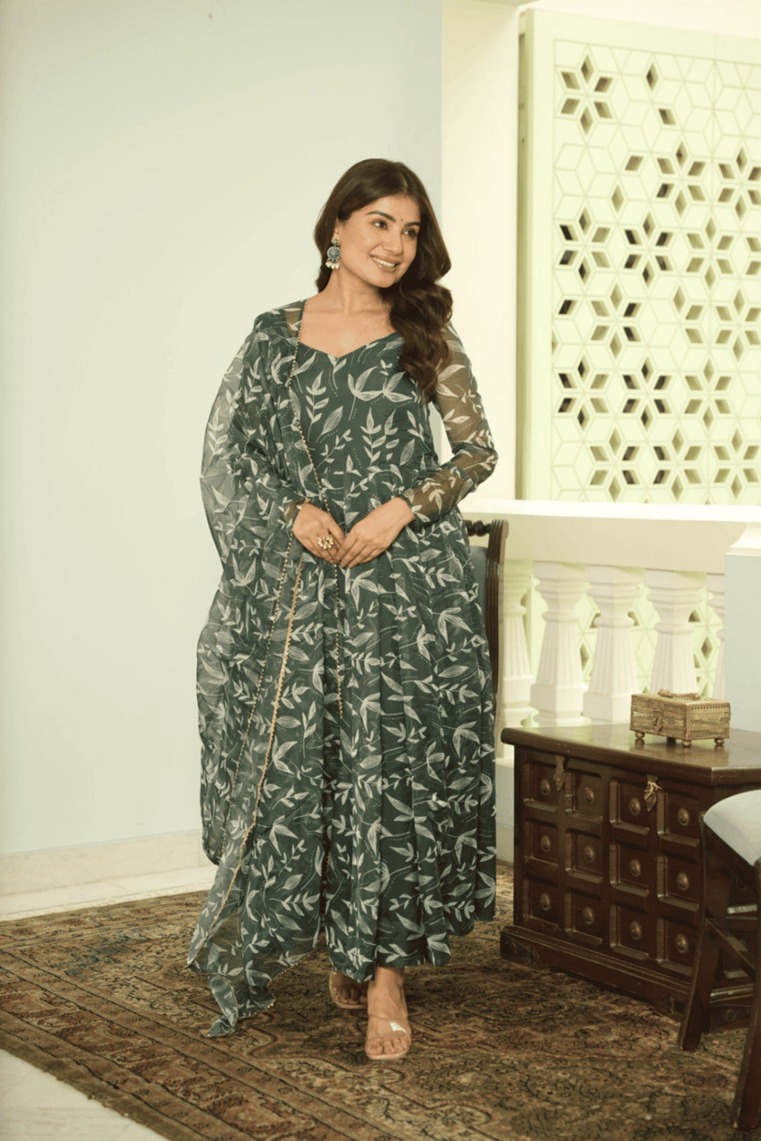 ELEGANT GREEN TEBBY ORGANZA PRINTED ANARKALI SET