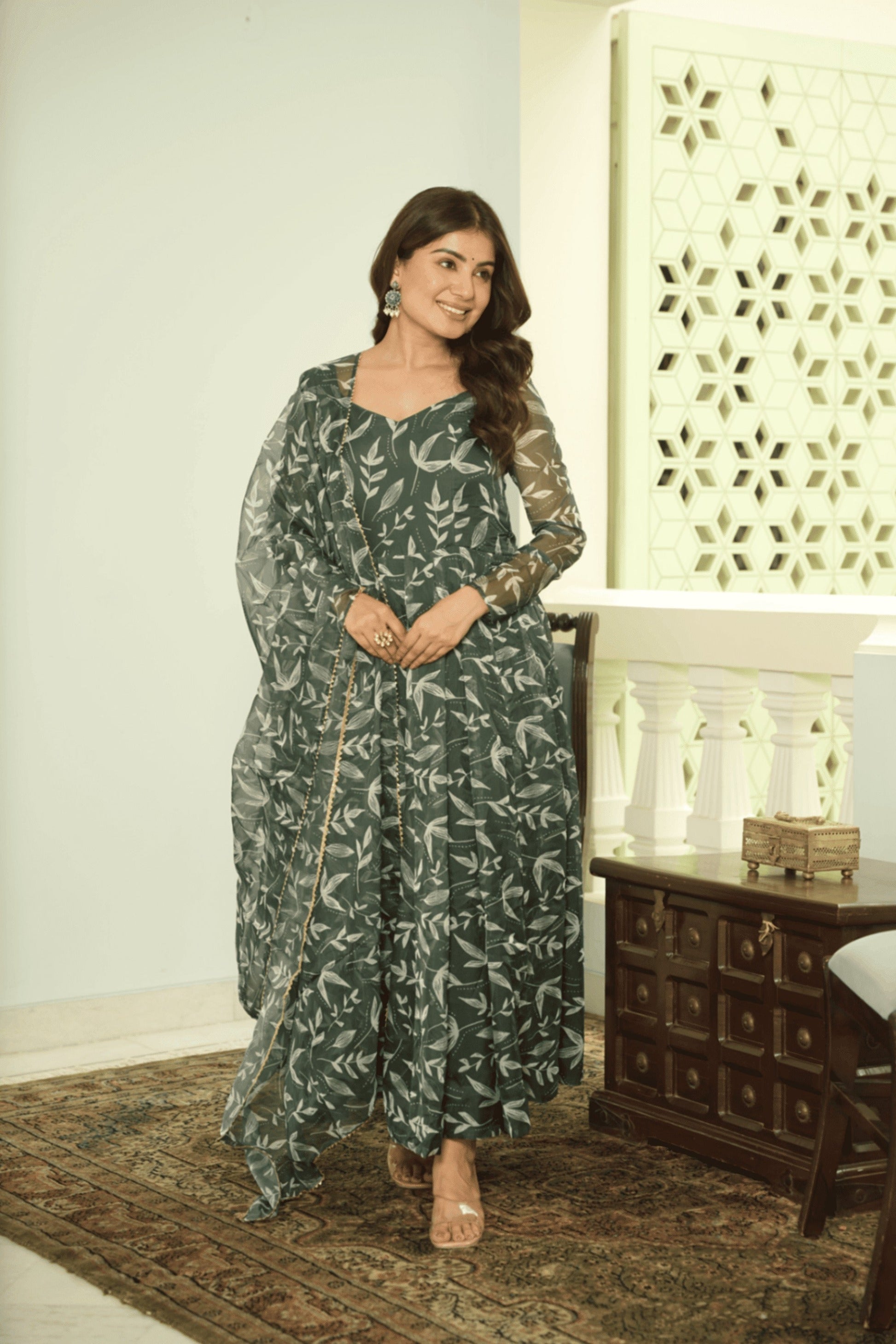 ELEGANT GREEN TEBBY ORGANZA PRINTED ANARKALI SET