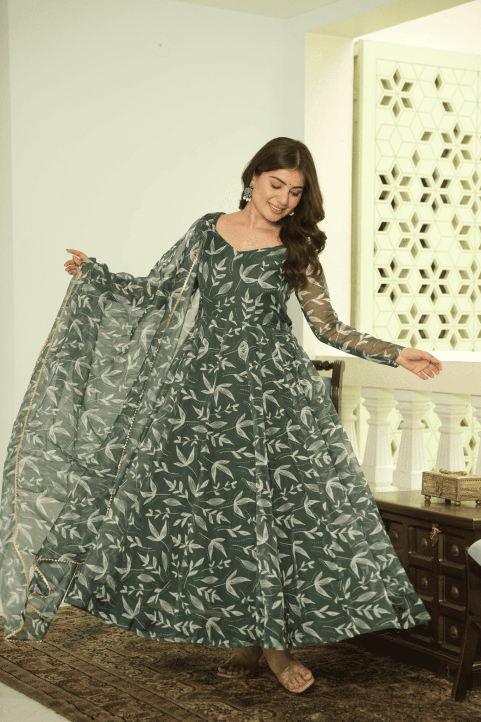 ELEGANT GREEN TEBBY ORGANZA PRINTED ANARKALI SET