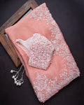 BEAUTIFUL LOOK PEACH DESIGNER ORGANZA SAREE WITH MATCHING BLOUSE