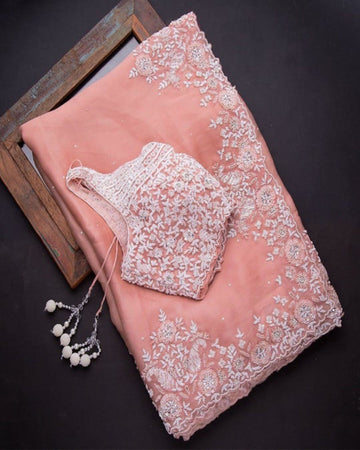 BEAUTIFUL LOOK PEACH DESIGNER ORGANZA SAREE WITH MATCHING BLOUSE