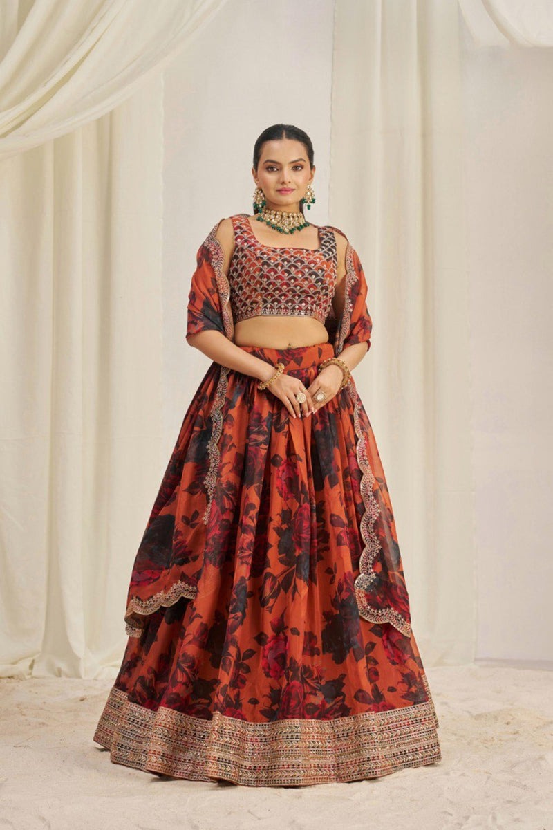 ORANGE COLOR ORGANZA BASE FLORAL LEHENGA CHOLI SET WITH ZARI, DORI & SEQUENCE