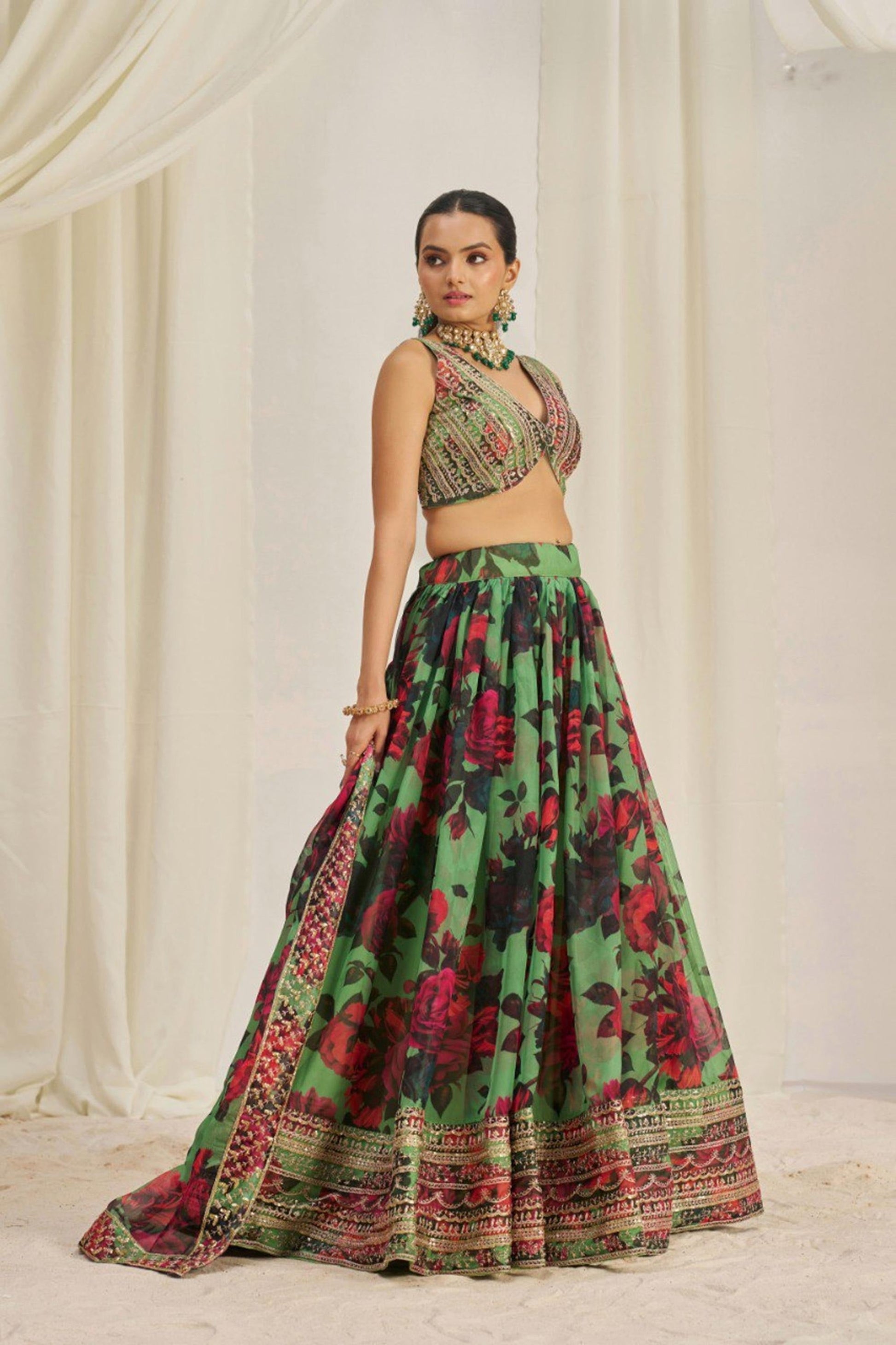 PARROT GREEN ORGANZA ZARI DORI SEQUUINS FLORAL LEHENGA CHOLI SET