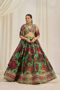 PARROT GREEN ORGANZA ZARI DORI SEQUUINS FLORAL LEHENGA CHOLI SET