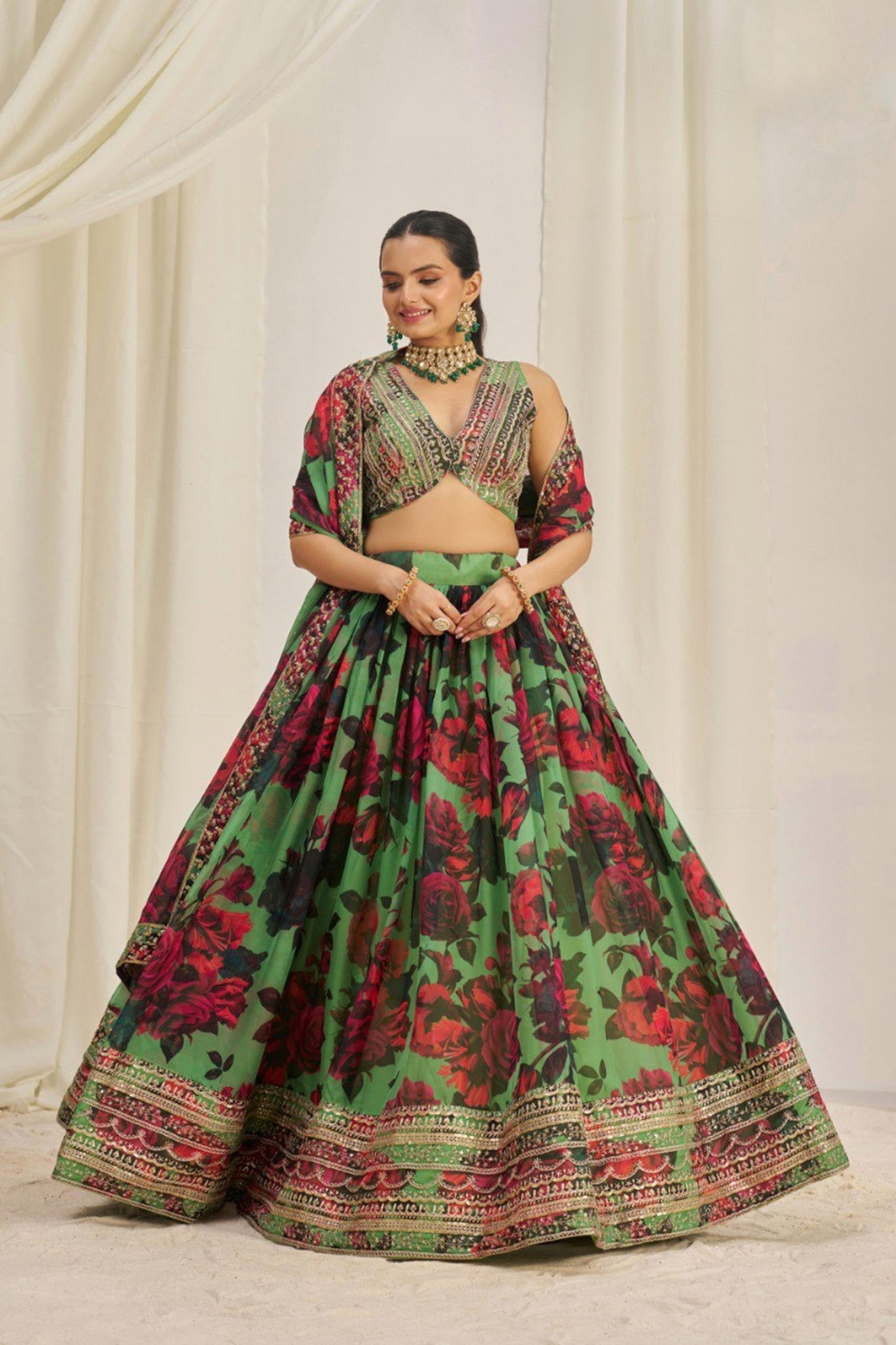 PARROT GREEN ORGANZA ZARI DORI SEQUUINS FLORAL LEHENGA CHOLI SET