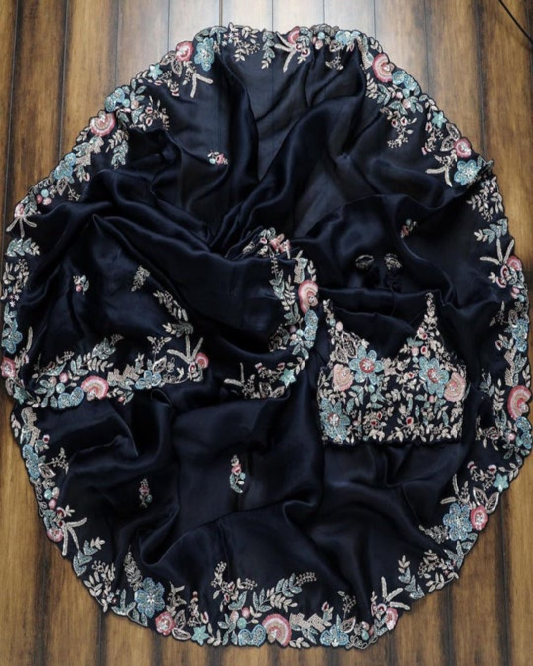 CLASSY NAVY BLUE COLOR ORGANZA FABRIC BASE DESIGNER SAREE