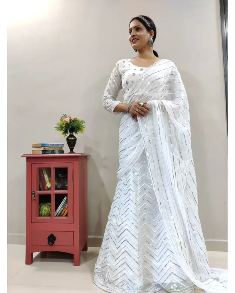 DESIGNER WHITE COLOR EMBROIDERY SOFT GEORGETTE LEHENGA SAREE