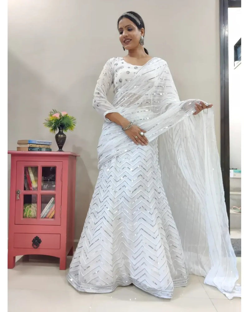 DESIGNER WHITE COLOR EMBROIDERY SOFT GEORGETTE LEHENGA SAREE