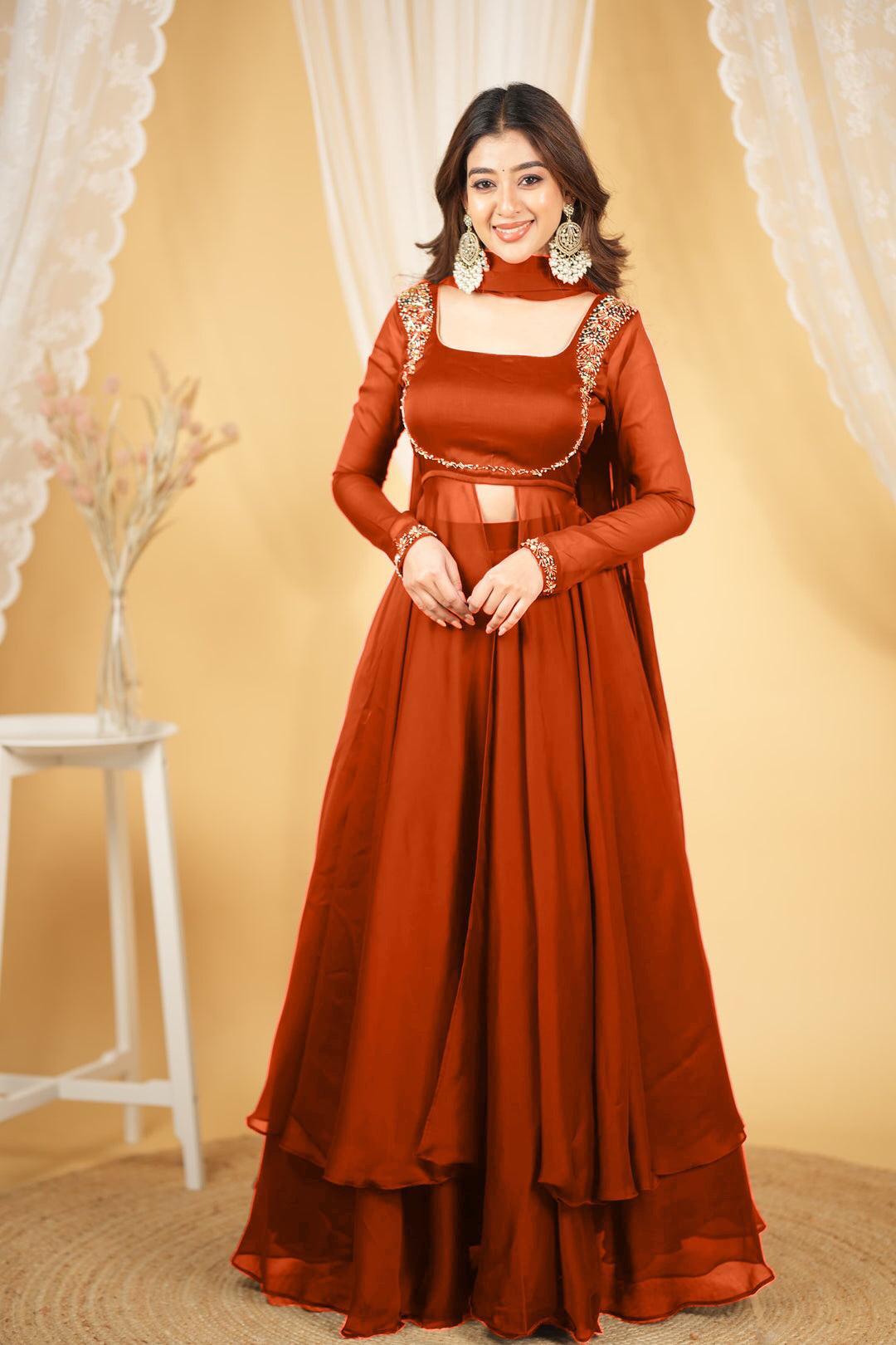 PREMIUM HANDWORK ORANGE LEHENGA SET IN PURE RANGOLI SILK