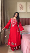 RED ETHNIC MIRROR WORK PEPLUM SET WITH PALAZZO