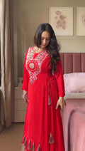 RED ETHNIC MIRROR WORK PEPLUM SET WITH PALAZZO