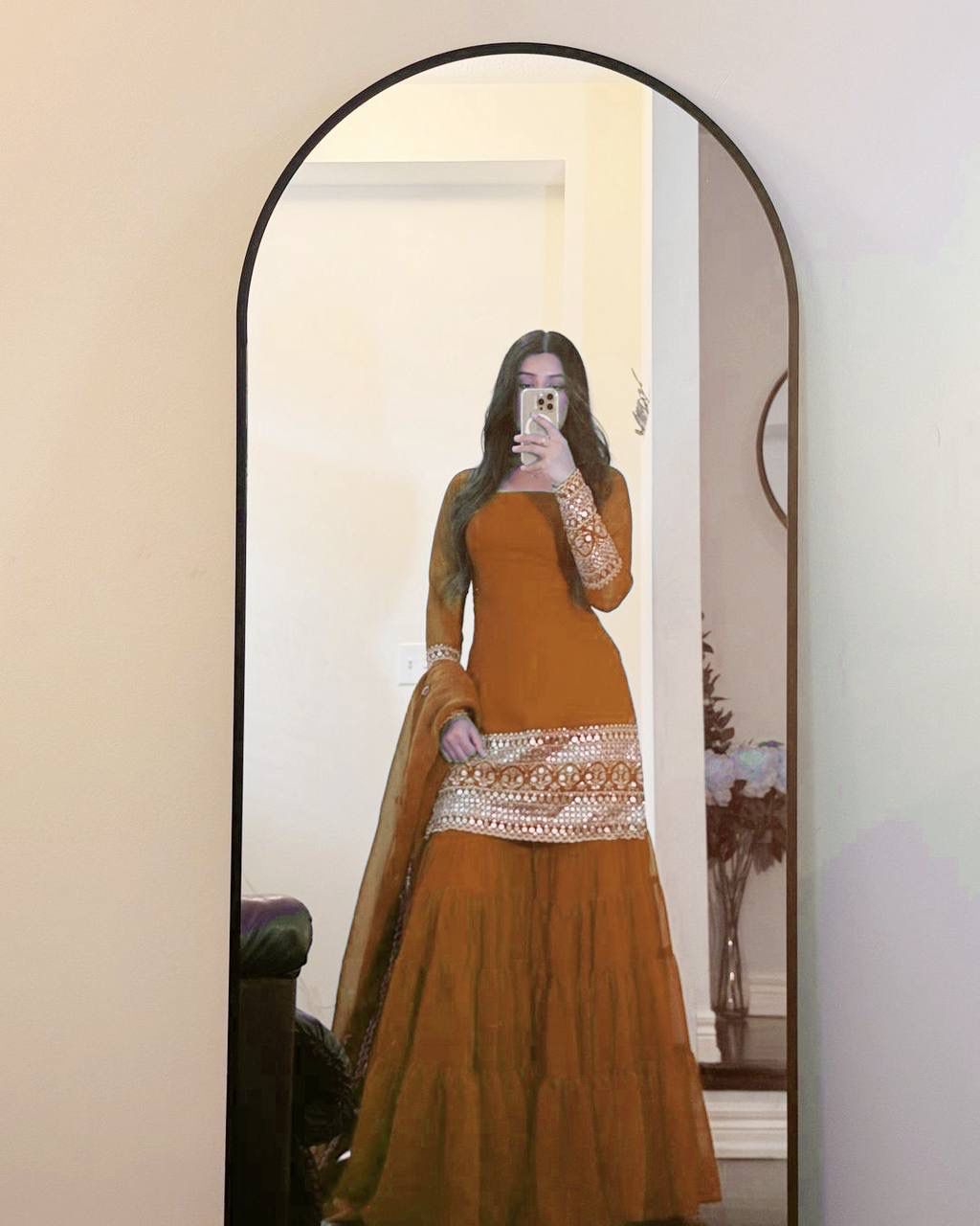 MUSTARD COLOR GEORGETTE BASE EMBROIDERED WORK SHARARA SUIT SET OF 3